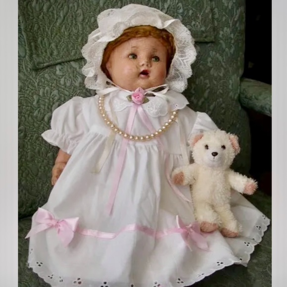1920-30s 18-inch Composition Doll In White Dress-Bonnet